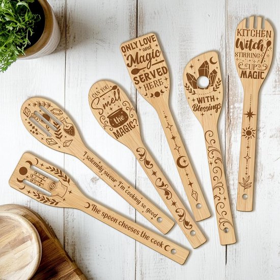 Set van 6 houten keukengerei - magische keuken bamboe lepels - keukencadeau voor vrouwen, verjaardag, housewarming