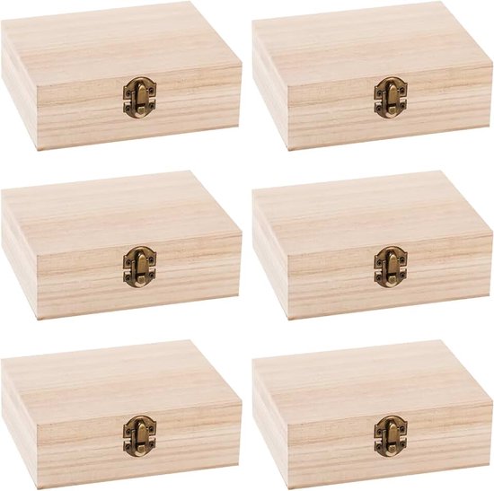 Set van 6 houten schatkisten, 15 x 10 x 6 cm, natuurlijke kleine houten kist met deksel, decoratief sieradenkistje voor sieraden, aandenken, doe-het-zelf kunst/knutselwerk, houten kist