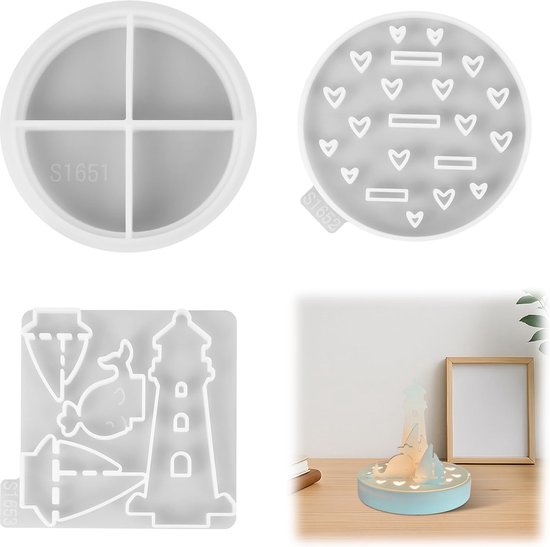 Set van 6 maritieme siliconenvormen, Raysin-gietvormen, inclusief vuurtoren, zeilschip, walvis en sokkel, voor gips, hars, raysin en cement, voor DIY-projecten, geschenken en meer