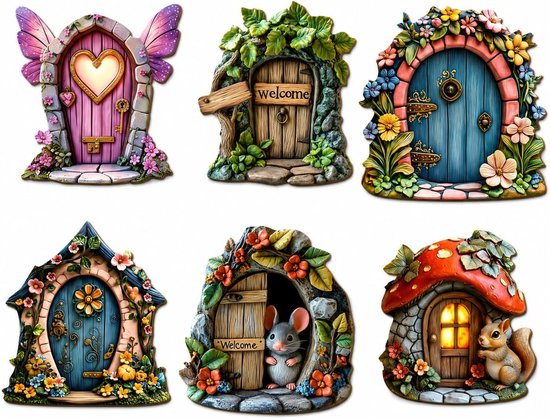 Set van 6 miniatuurtuindeuren van hout, elfendeuren voor binnen en buiten, weerbestendig en gedetailleerd, perfect voor feeëntuin, kinderfeest of als cadeau voor natuurliefhebbers