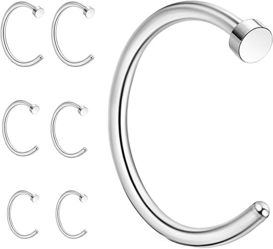 Set van 6 neppiercings, neuspiercing, septum-ring van roestvrij staal, nep-piercing, neusset, hoepel 6 mm/8 mm/10 mm, dun en klein, hypoallergeen voor kraakbeen en helix, zilver