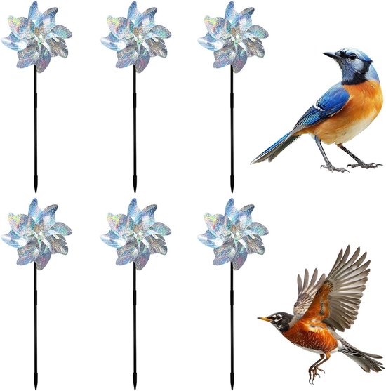 Set van 6 Reflecterende Vogelwindmolens voor Tuin en Boerderij, Schrikvogel in Zilver en Glans