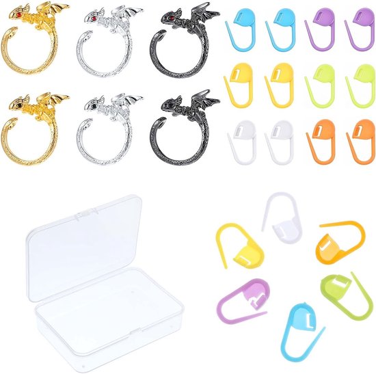 Set van 6 Verstelbare Haakringen voor Haken, Draakstijl Metalen Haakringen met 20 Haakpluggen en Vingerhaken Accessoires voor Breien en Creatief Handwerk van Merkloos