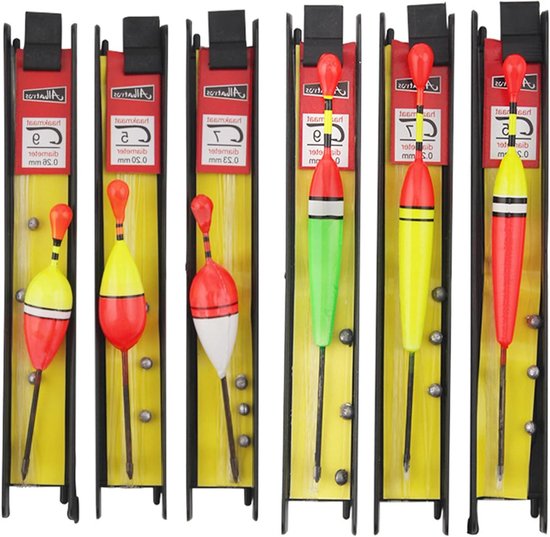 Set van 6 Vissersdobbers met Zinkers, Visserslijn en Haken voor Karper, Snoek en Forel in Meer, Rivier en Beek