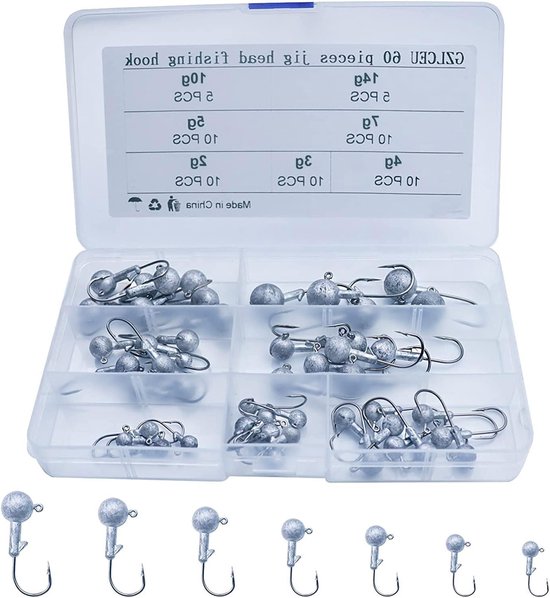 Set van 60 Jig Hooks met Ronde Jigkop voor Rubber Vissen, Diverse Gewichten voor Roofvissen, Ideaal voor Sportvissen en Zeevissen