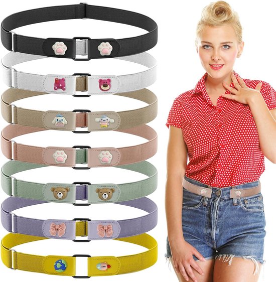 Set van 7 elastische riemen zonder gesp voor kinderen en volwassenen, onzichtbare riem voor jeans, broeken en jurken, diverse kleuren zoals wit, beige, roze, groen, geel en paars