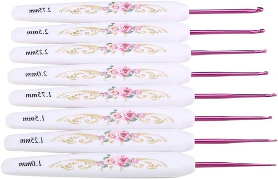 Set van 8 Haaknaalden met Bloemenprint en Zachte Handvatten - Ideaal voor Haken, Breien en Weven van Merkloos