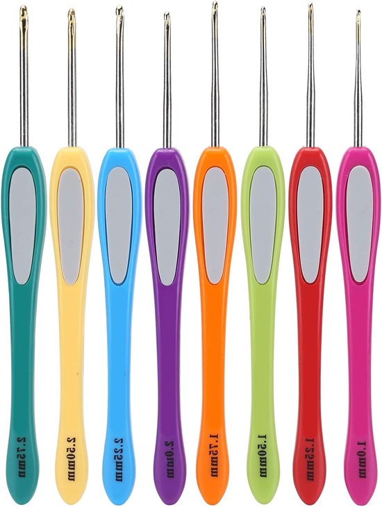 Set van 8 Haaknaalden met Kleurrijke Handvatten - Aluminium Haaknaalden voor Breien en Haken, Maten van 1.0mm tot 2.75mm van Merkloos