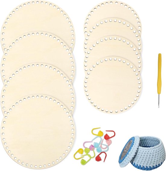 Set van 8 Houten Bodems voor Haakmanden - Ø10cm en Ø15cm - Ideaal voor DIY Projecten met Haaknaald en Marker Clips