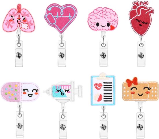 Set van 8 Ingetrokken Badge Reel Houder van Vilt, Schattige ID Badge Houder voor Verpleegkundigen, Dokters, Leraren en Studenten met Lanyard Clips