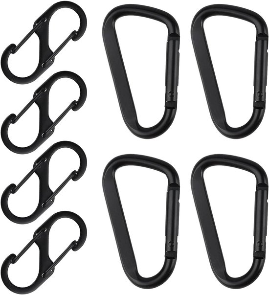 Set van 8 karabiners, inclusief 4 D-vormige en 4 S-vormige, aluminium haken voor outdoor, kamperen en wandelen. van Merkloos