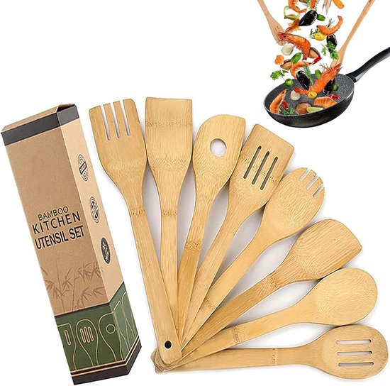 Set van 8 keukengerei van bamboe, houten lepels en spatels, anti-aanbaklaag en wok, spatel, schep, hittebestendige keukengerei, gereedschap, lepel, spatel