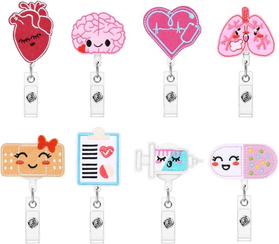 Set van 8 Retractable Badge Reels van Vilt, Schattige ID Houder met Lanyard Clips voor Verpleegkundigen, Artsen en Studenten