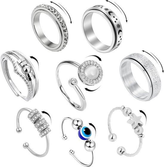 Set van 8 Stapelbare Anti-Stress Ringen voor Vrouwen, Spinner Ringen als Cadeau voor Moeder, Dochter of Vriendin, Verlichting van Stress en Angst