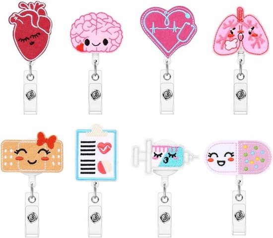 Set van 8 uitrekbare badge reels van vilt, schattige ID-badge houder met lanyard clips voor verpleegkundige, arts, leraar en student