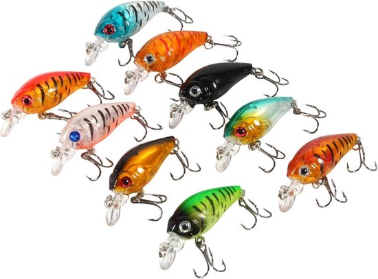 Set van 9 Minnow Vorm Vissersaas, 4.5cm/4g Plastic Aas met Haak voor Baars en Zoet- en Zoutwater Vissen