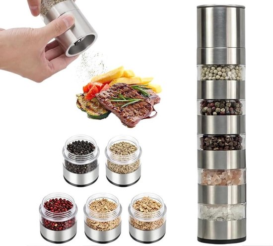 Set van Mini Kruidenset met Molen, 5-in-1 RVS Kruidenshaker voor Thuis, Picknick en Barbecue, Ideaal voor Reizen en Buitenactiviteiten van Merkloos