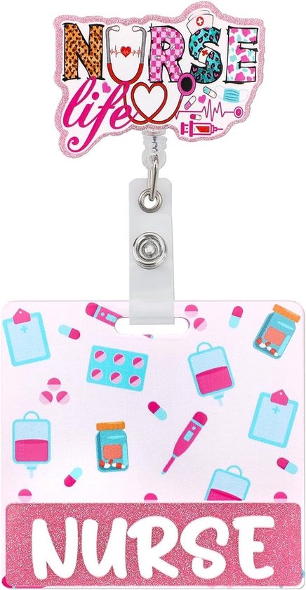 Set van Retractable Badge Reel met Badge Buddy Kaart - Grappige Roze ID Houder voor Verpleegkundigen, Ziekenhuis Medewerkers en Zorgprofessionals