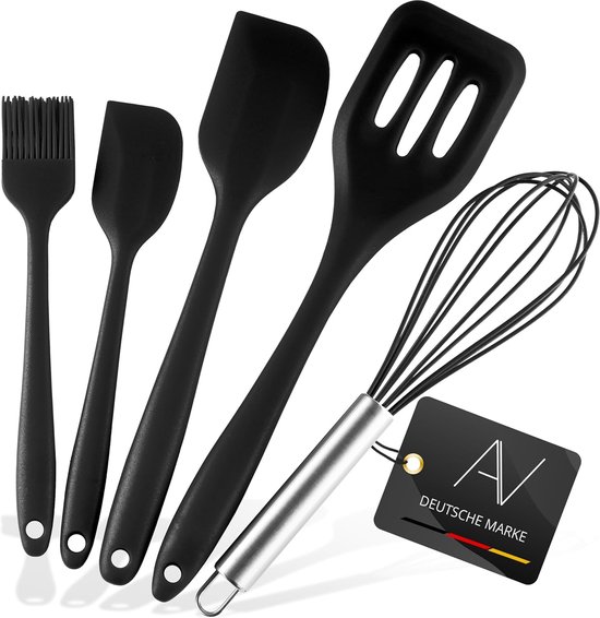 Set van siliconen keukenaccessoires, 5 stuks hittebestendige keukengerei, antiaanbaklaag, kookgerei met garde, spatel, bakpenseel, pannenwender (Zwart)