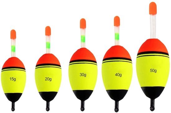 Set Vissen Dobbers - Lichtgevende Drijvers 15g, 20g, 30g, 40g, 50g, 5 Stuks