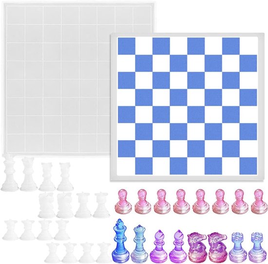 Set vormen voor schaakstukken uit hars, 1 stuk schaakbord, siliconen spelvorm en 16 stuks 3D schaakstukken, vormen voor het gieten van hars, voor het maken van sieraden, familiefeesten en