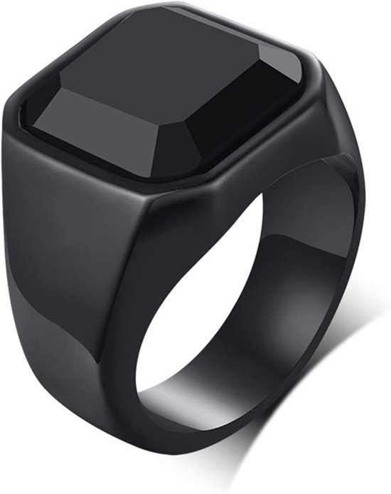 Sieraden zegelring heren ring roestvrij staal glas steen klassieke Viking ringen bandring met gravure geschenken voor mannen zilver/goud/zwart, maat 54 tot 70, Glas, Glas