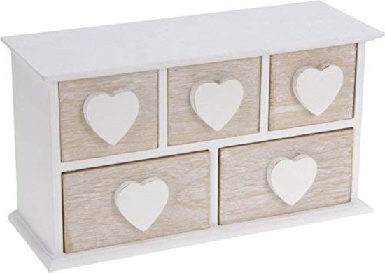 sieradendoos van hout met 5 laden, kleine houten dozen met wit hart, opbergdoos