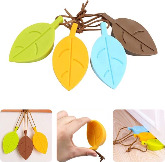 Silicone Door Stopper, 4 Pcs Leaves Style Cartoon Flexible Wedge Window/Door Stops with Lanyard for Home Office Garden - ShopVlot