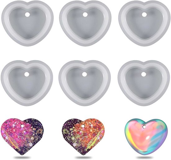 siliconen, 6 stuks, liefde hart epoxyhars vormen, sieraden, hangers, oorbellen, 4,7 x