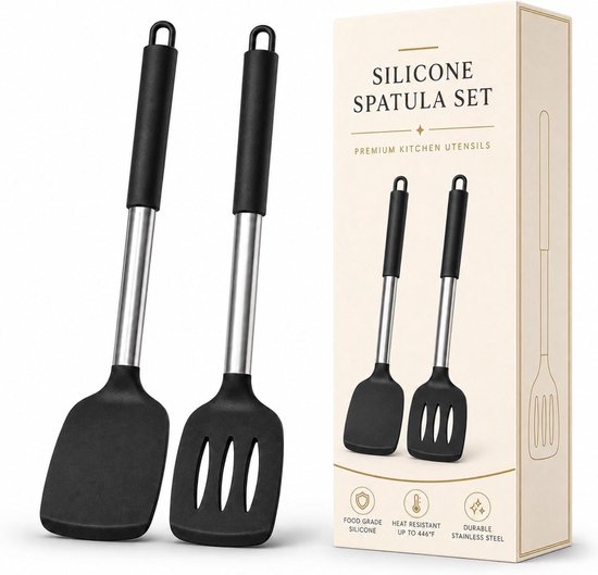 Siliconen Bakspatel, Silicone Spatula met stevige roestvrijstalen kern, hittebestendige spatel voor antiaanbakpannen, vis, eieren, pannenkoeken, koken en bakken, vaatwasserbestendig, 2 stuks
