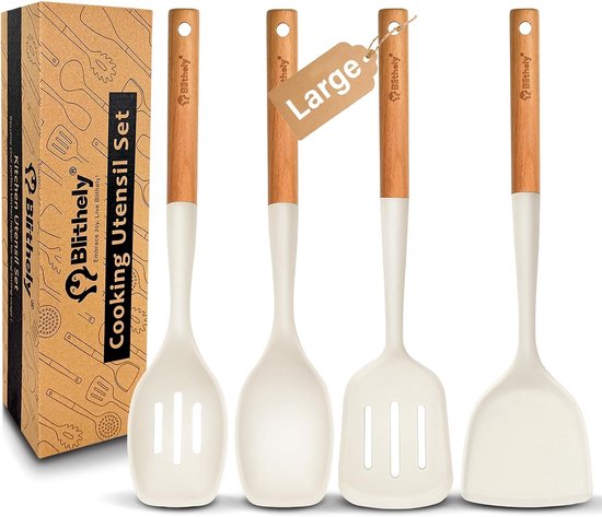 siliconen keukengereiset, 4-delige set kookgerei met houten handvat, siliconen spatel met anti-aanbaklaag en -lepel voor het koken, BPA-vrije hittebestendige spatelset (wit)