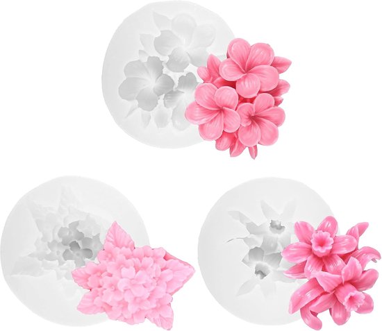 Siliconen, rozen, anjer, pioenroos, gietvormen, kaarsvormen om te gieten, bloemen, 3D (frangipani + narcissen + paars)