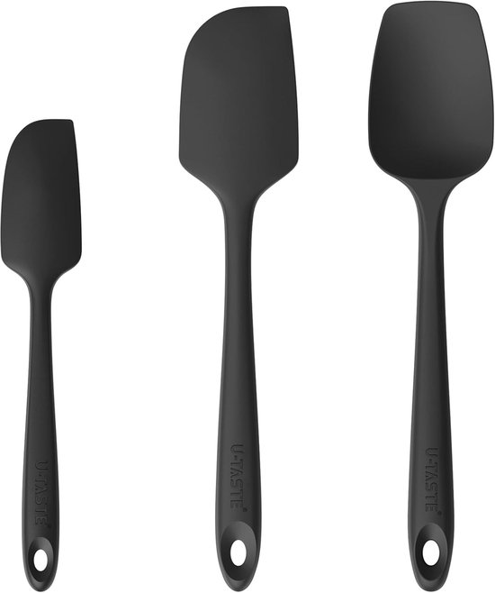Siliconen Spatel Set van 3: Hittebestendigheid 250℃ Naadloze BPA-vrije Flexibele, Rubberen Keuken Koken Mengen Bakschraper voor Anti-aanbak Kookgerei (Zwart)