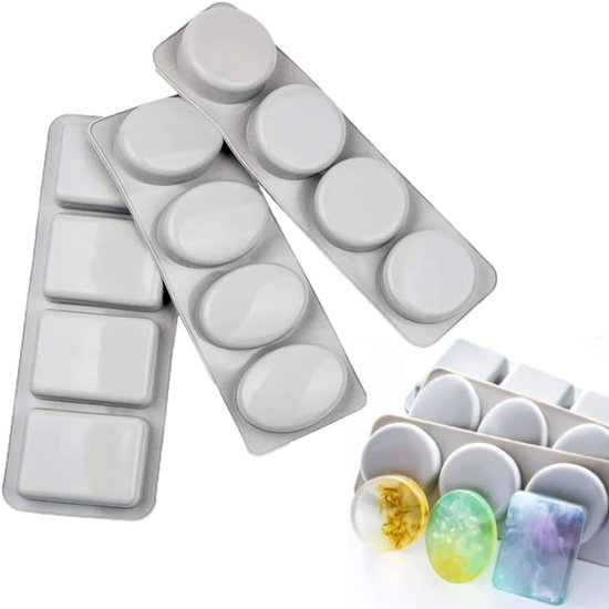 Siliconen vorm, 3 stuks 4 holtes zeepvorm siliconen zeepvorm rechthoekig/ovaal/rond voor zeep, chocolade, koekjes, ijsblokjes, DIY zelfgemaakte ambachten, gemakkelijk te ontvormen