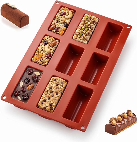 siliconen vorm, 9 holtes – voor mousselange repen, mueslirepen, chocolade, energierepen, ijsblokjes, muffins, brownies, cake en zeep.