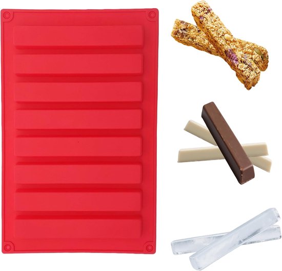 Siliconen vorm, groot, 13,7 cm, siliconen vorm, 8 vormen met antiaanbaklaag, rechthoekige mueslirevorm voor chocolade, energiereep, ijsblokjes, muffins, brownies, cake (rood, 8