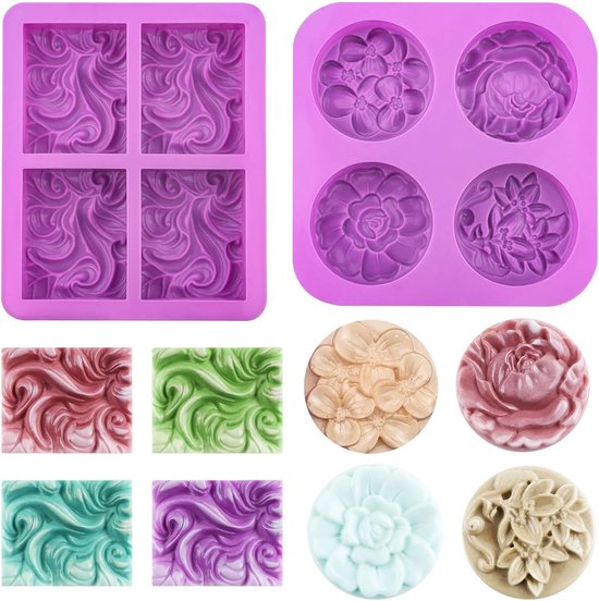 siliconen vormen, bloemen, zeep, zelf maken, set, 2 stuks zeepvormen, siliconen, 4 holle ruimtes, zeepvormen om te gieten, zeepgietset, golvend, rechthoekig en bloemen, rond, voor zeep,