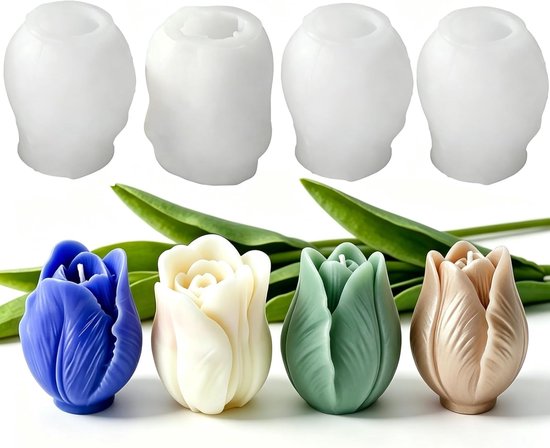 siliconen vormen, tulpen, 4 stuks, tulpen, bougie moule, gemakkelijk uit de vorm te verwijderen, kaarsvorm, voor sojawas, bijenwas, aromatherapie, handgemaakte zeep