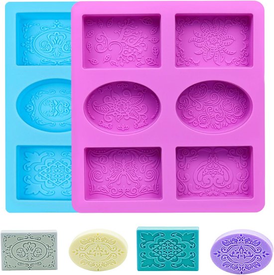 Siliconen zeepvormen, 6 vormen voor het maken van zeep met kantpatroon, doe-het-zelf 3D-zeepvorm van siliconen, ovaal, rechthoekig, voor was, kaarsen, chocolade, cake, koekjes (blauw paars)