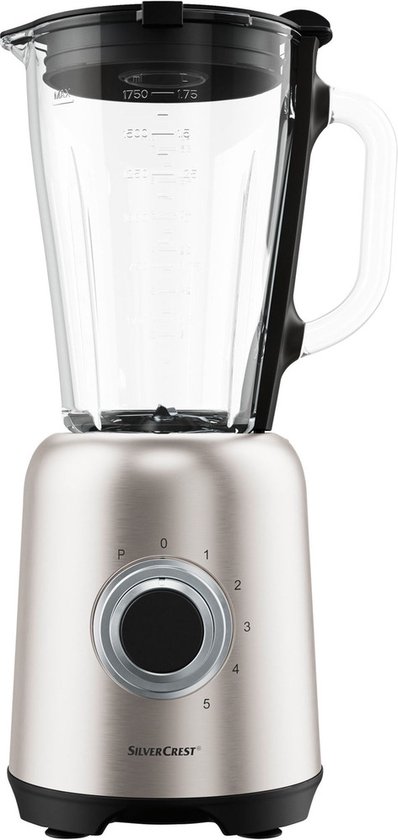 Silvercrest Blender - Ideaal voor shakes, smoothies en crushed ice - Vermogen: 600 W - Inhoud mengkan: 1,75 L - Snelheden: 5 + turbofunctie - Pulsfunctie - RVS mes - Deksel met vulopening en doseerdop van SilverCrest