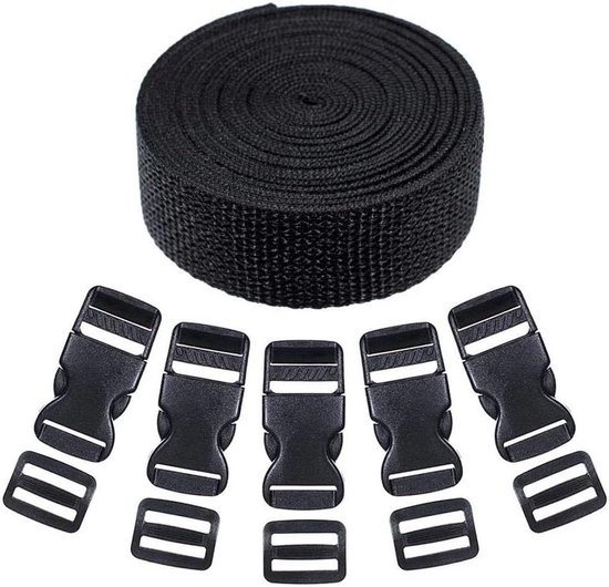 Singelband Gesp Kit - Webbing Clips Set - Tassen Riemen Maken - UV Waterbestendig - 50 Yards - Zwart