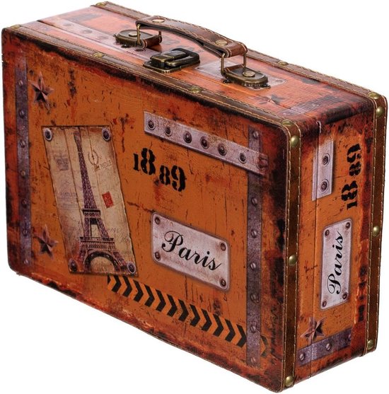 SJ 15369 koffer, kofferset, houten kist met kunstleer beklede schatkist, piratenkist met metalen beslag, houten doos, met ornamenten (maat L Parijs (31 cm B x 20 cm D x 10 cm H))