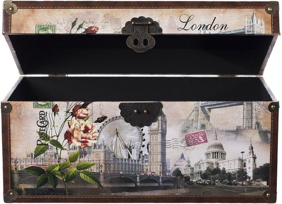 SJ08551 New York, Parijs, Italië, Houten kist met kunstleer overtrokken Schatkist (maat L 49cm x 28cm x 25cm London)