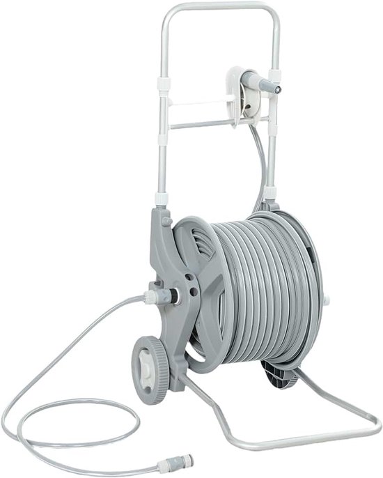Slangenwagen 45 m Slanghaspel met 2 Sproeistanden, Kraanadapter, Slanggeleider en Slinger, Tuinslangwagen voor Tuin en Balkon, 45 x 44 x 78 cm Grijs