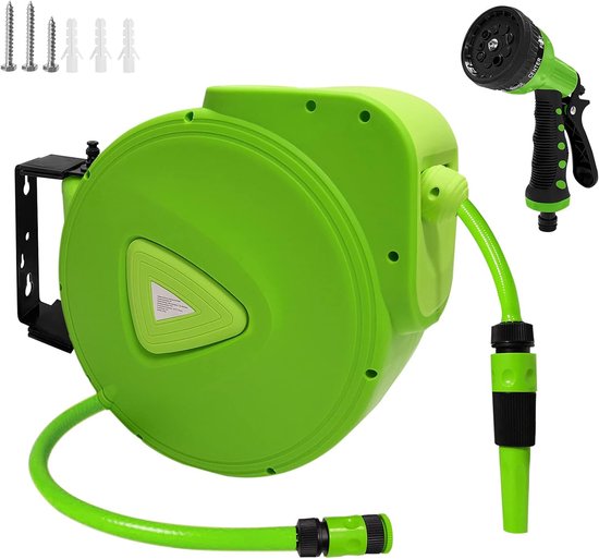 Slanghaspel 30+2m Waterslang Haspel met Handdouche Slangoproller 180° Draaibare Muurbevestiging Tuinslang Automatisch met Stopbal en Snelsluitkoppeling, Groen