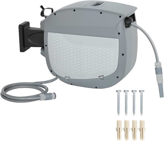 Slanghaspel met tuinslang 30 m 180° draaibaar Grijs | Slangbox, automatisch oprollen, zelfvergrendeling, slangoproller voor wandmontage, waterslangoproller