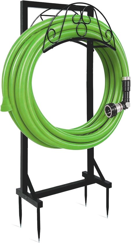 Slanghouder, Draagbare Tuinslanghaspelstandaard, Gemonteerde Metalen Waterslangstaak, 4 Ankers met Driehoekige Ondersteuning, Heavy Duty, voor Buiten 45 m Waterslang, Zwart