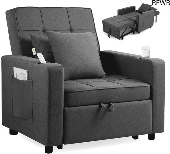 Sleeping Chair Sofa Bed Tommy Foldable 3in1 with Armrests - Bed Function - Adjustable Backrest - 2 Cushions Cup Holder - Up to 150 kg Folding Bed Sofabed Bed Chair in Dark Grey