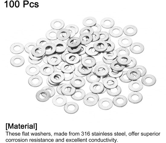Sluitringen M2, roestvrij staal 316, 2,2 mm x 5 mm DE x 0,3 mm dikte voor schroeven, fabrieken, reparaties, keukens, winkels en buitenbouw, zilver