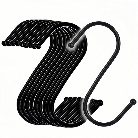 SnelShoppen - 10-Pack S-Hooks 12cm Zwarte RVS S-Haak voor Ophangen in Keuken, Badkamer, Slaapkamer, Woonkamer en Kantoor - Lichtgewicht en Roestvrij